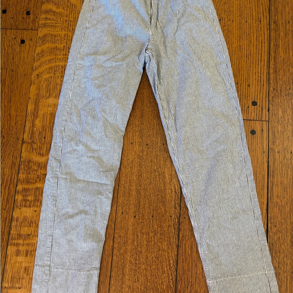 Brandy Melville Blue and White Striped Pants with elastic waist. Button/zip fly.